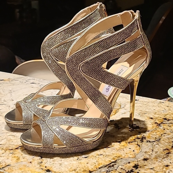 Jimmy Choo "Karla" shimmering stiletto peep toe back zip heels. Sz. 40.(10) - Picture 3 of 16